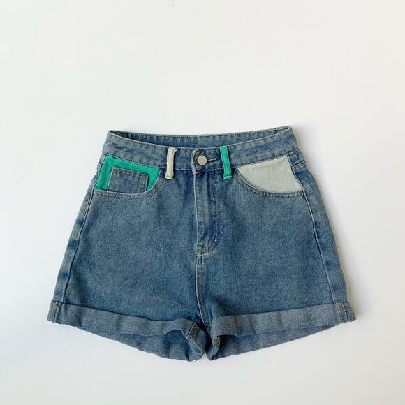 Women's High Rise Cotton Light Wash Denim Shorts Color Block Pockets XS - Picture 3 of 8